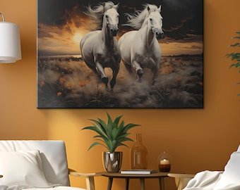 Horse Stallion Oil Painting Canvas Wall Art "Midnight Majesty"| Running White Horses Wall Art Gift | Equestrian Art | Rustic Farmhouse Decor