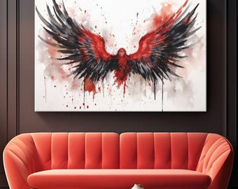 Bird Painting Canvas Wall Art "Crimson Wings" | Watercolor Painting Bird Art | Whimsical Bird Wall Art | Red And Black Art | Eagle Art Decor