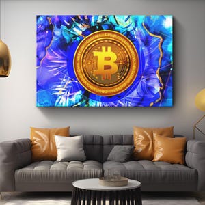 Golden Cryptocurrency Canvas Wall Art Of A Large Golden Bitcoin With Veins Of Gold On A Cool Blue Background | BTC Cryptocurrency Artwork