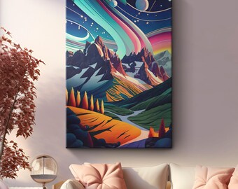 Vibrant Psychedelic and Colorful Mountain & Sky Landscape Canvas Print "Psychedelic Peaks" | Trippy Mountain Art | Surreal Nature Decor