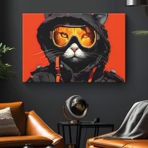 Cat Canvas Wall Art &quot;Cool Cat Adventure&quot; | Cool Cat Wall Decor | Red and Black Canvas Art | Large Cat Canvas Art | Cat Lover Gift
