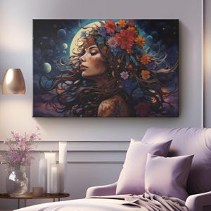 Colorful Beautiful Woman Canvas Wall Art Print &quot;Floral Elegance&quot;| Floral Feminine Wall Decor | Girls Bedroom Wall Art | Bohemian Woman Art