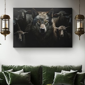 Predator Prey at Night Wolves Amongst Sheep Canvas Art &quot;Nocturnal Pursuit&quot;| Alpha Wolf Art | Nighttime Wildlife Wall Art | Animal Wall Decor