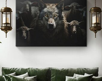 Predator Prey at Night Wolves Amongst Sheep Canvas Art "Nocturnal Pursuit"| Alpha Wolf Art | Nighttime Wildlife Wall Art | Animal Wall Decor