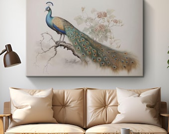 Vintage Peacock Oil Painting with Flowers Canvas Art "Feathered Splendor"| Gold Blue Peacock Wall Art | Aesthetic Bird Painting Home Decor