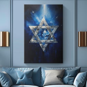 Silver Star of David Jewish Religious Blue Oil Painting on Canvas &quot;Celestial Elegance&quot;| Jewish Symbol Art | Jewish Gifts | Hebrew Home Decor