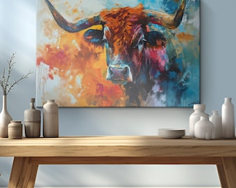 Colorful Abstract Longhorn Painting Canvas Art "Abstract Horn Harmony"| Texas Cattle Wall Art | South Western Farmhouse Decor |Longhorn Gift