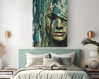 Woman Canvas Painting "Oceanic Fusion" | Ocean Woman Fusion Art | Sage Green Canvas Wall Decor | Minimalist Wall Art for Girls Bedroom Wall