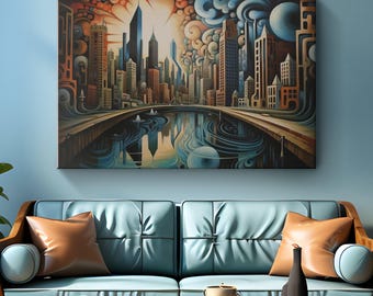 Surreal Chicago Painting on Canvas Wall Art "Surreal Urban Dreams"| Fantasy City Wall Art | Futuristic Canvas Print | Abstract Sci Fi Art