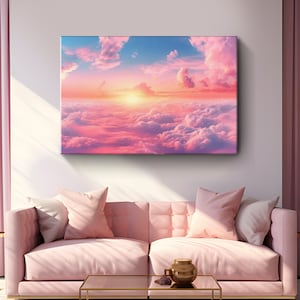 Enchanting Sunrise - Canvas Wall Art Of Magical Pink Clouds Contrasting A Light Blue Sky With The Sun Rising | Magical Sunrise Wall Decor