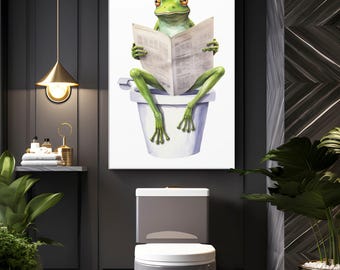 Frog Funny Bathroom Canvas Art "Toad Times" | Frog Reading the Newspaper Wall Art Display | Funny Toilet Wall Decor | Frog Lover Canvas Git