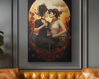 "Vintage Lesbische Liebhaber Kunst Blumen Druck auf Leinwand ""Timeless Love"" | Queer Love Leinwand Kunstdruck | Romantische lesbische Wanddekor | LGBTQ+ Pride Dekor
