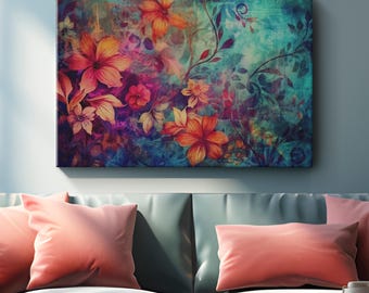 May include: A floral canvas art print featuring vibrant orange, pink, and purple flowers against a teal and blue background. The artwork includes detailed leaves and vines, creating a colorful and artistic botanical design.