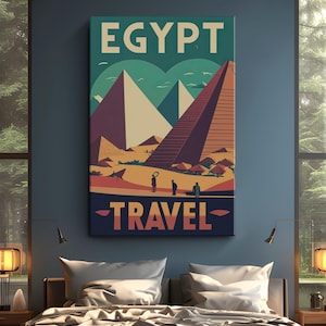Vintage Egypt Art Travel Poster Canvas Print &quot;Mystic Sands&quot;| Ancient Egyptian Pyramid Landscape | Timeless Egypt Pyramid of Giza Wall Decor