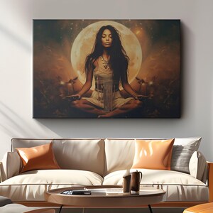 Woman Meditation Canvas Wall Art | Yoga Gifts &quot;Lunar Serenity&quot;| Rustic Meditation Wall Decor | Yoga and Nature Wall Art | Under The Moon Art