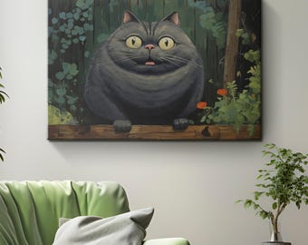 Fattest Black Cat Funny Comical Cat Painting on Canvas "Chonk Master"| Funny Black Cat Wall Art | Cat Mom Dad Gifts | Humor Cat Lover Gifts