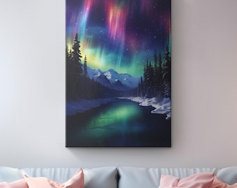 Colorful Northern Lights Mountain Lake Pine Trees Canvas Art "Aurora Serenity"| Vibrant Aurora Borealis Wall Art | Celestial Night Sky Decor