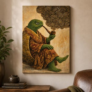 May include: A whimsical painting depicts a green turtle in a patterned robe, smoking a pipe. The turtle is seated, with a tortoise shell back. The background is a warm, neutral tone, and a cloud of smoke is above the turtle's head.
