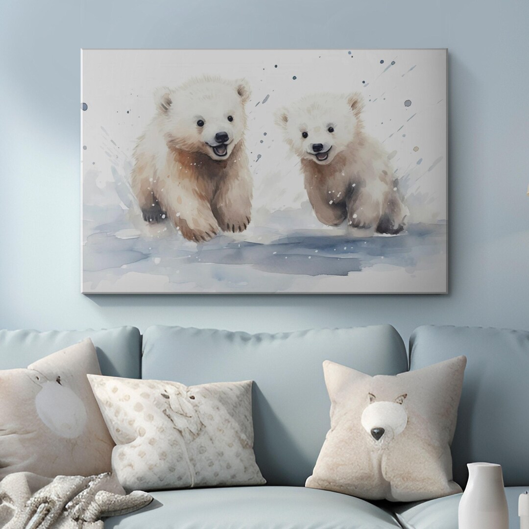 Cute Baby Polar Bear Cubs Watercolor Painting Canvas Print "arctic