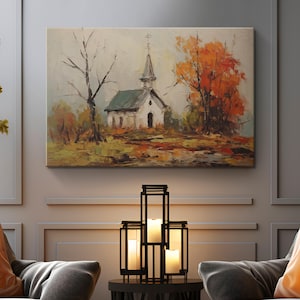 Rustic Little Autumn Church Vintage Fall Themed Painting Canvas Print &quot;Autumn Serenity&quot;| Church Decor | Christian Gifts | Religious Gifts