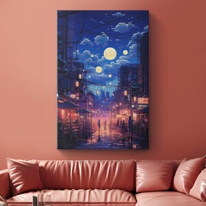 Lienzo con escena nocturna japonesa de fantasía surrealista con lunas &quot;Sueños azules&quot; / Arte mural con paisaje iluminado por la luna / Arte del cielo nocturno / Decoración de pared nocturna