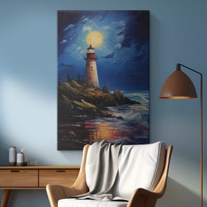 Pintura en lienzo de un faro con acuarela junto al mar &quot;Reflejos luminosos&quot; / Fotografía de un faro costero para decoración de cocina / Arte mural de una cabaña en la playa
