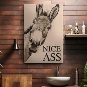 Funny Donkey Nice Ass Tan Canvas Print &quot;Bathroom Amusement&quot;| Funny Bathroom Wall Art | Playful Donkey Restroom Decor | Humor Toilet Wall Art