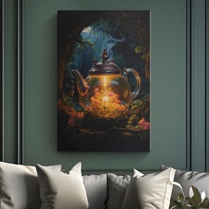 May include: A canvas print depicting a transparent teapot filled with glowing flowers. The teapot is set in a mystical forest scene with a dark background and a soft, warm light. The artwork has a fantasy theme.