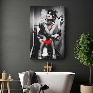 Smoking Woman Bathroom Canvas Art "Reign of Smoke and Spirits" | Black & Red Toilet Wall Decor | Woman Vintage Photo Canvas | Restroom Decor image 3