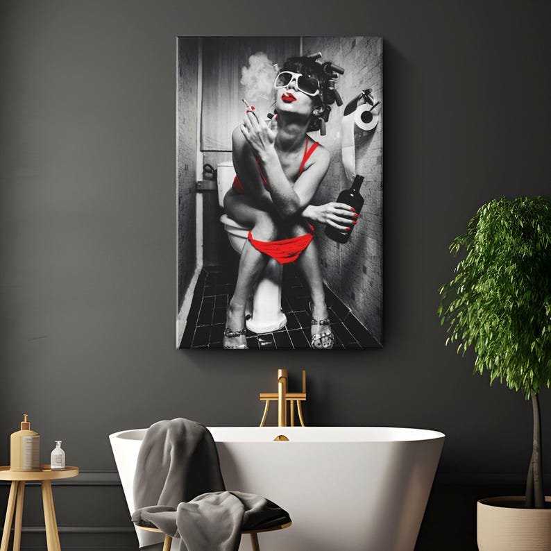 Smoking Woman Bathroom Canvas Art "Reign of Smoke and Spirits" | Black & Red Toilet Wall Decor | Woman Vintage Photo Canvas | Restroom Decor image 3