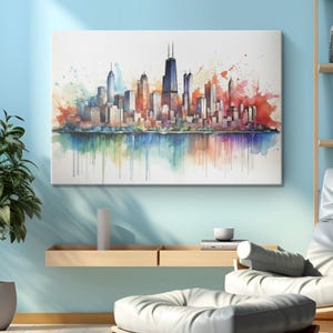 Colorful Chicago City Skyline Watercolor Painting Canvas Print &quot;Vibrant Chicago Horizon&quot;| Modern Urban Landscape Wall Art | Chicago Gifts