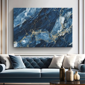 Blue Gold Marble Canvas Wall Art &quot;Blue & Gold Marble Elegance&quot; | Large Blue Canvas Art | Blue and Gold Abstract Art | Landscape Canvas Art