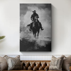 Black and White Greyscale Cowboy Riding His Horse Canvas Art | Cowboy on Horseback Art | Vintage Western Wall Decor | Bar Cart Wall Display