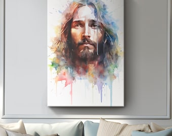 Watercolor Jesus Canvas Art Print "Divine Elegance"| Jesus Colorful Pastel Wall Art | Religious Living Room Home Decor| Modern Christian Art