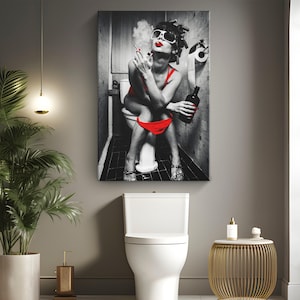 Smoking Woman Bathroom Canvas Art "Reign of Smoke and Spirits" | Black & Red Toilet Wall Decor | Woman Vintage Photo Canvas | Restroom Decor image 1