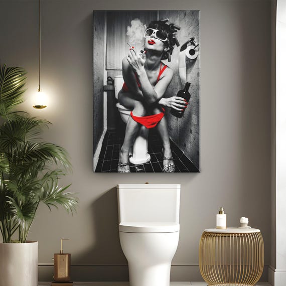 Smoking Woman Bathroom Canvas Art "Reign of Smoke and Spirits" | Black & Red Toilet Wall Decor | Woman Vintage Photo Canvas | Restroom Decor