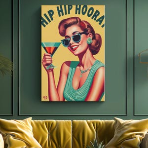 Retro Woman Canvas Art &quot;Elegance in Sip&quot; | Hip Hip Hooray Wall Decor | Wine Lover Wall Art | Woman with Wine Canvas Print | Vintage Wall Art