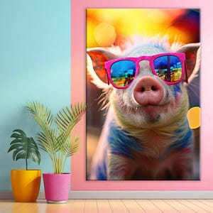 Pig Canvas Wall Art &quot;Cool Summer Swine&quot; | Animal Art Print | Farmhouse Print | Pig Home Wall Decor | Pig Art | Animals With Sunglasses