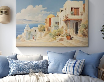 Vintage Greece Painting Canvas Art "Grecian Reverie"| Mediterranean Architectural Wall Art | Beautiful Coastal Travel Decor | Greek Art Gift