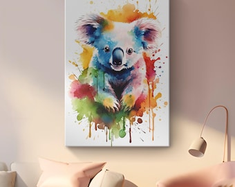 Kleurrijke canvasafdruk koalabeer "Levendige koala"| Australisch natuurkunstwerk | Grillige kinderkamerdecoratie met dieren | Muurkunst kinderkamer