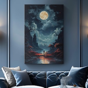 Lienzo con impresión de luna, arte de pared &quot;Moonlit Reverie&quot;/ Arte de pared surrealista azul/ Arte de pared tranquilo para la noche/ Arte escénico de fantasía surrealista para sala de estar