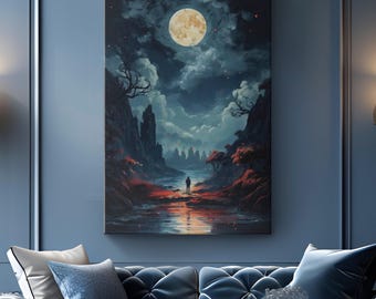 May include: A digital painting of a dark, mysterious landscape with a single figure standing in the middle of a path. The sky is filled with stars and a large, full moon. The path leads to a river that flows through the landscape.