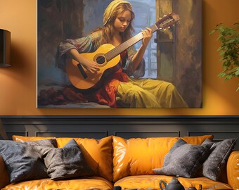 Girl Playing Guitar Canvas Wall Art "Melodic Harmony"| Guitar Girl Canvas Art | Musician Wall Art | Musical Wall Decor | Acoustic Guitar Art
