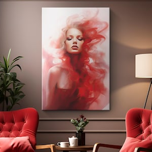 Fashionable Beautiful Woman in Red Dress Canvas Print &quot;Elegance in Red&quot;| Red Abstract Woman Wall Art | Feminine Beauty Decor | Fashion Gifts