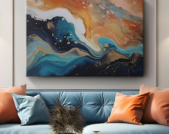 Pintura acrílica vertida en naranja y azul sobre lienzo "Contraste eterno" / Arte de pared abstracto moderno / Decoración de pared con arte fluido colorido