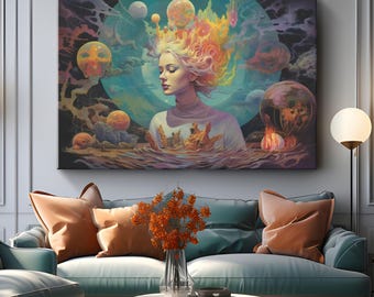 Vrouw abstracte surrealistische canvaskunst "Fire Goddess"| Surrealistische vrouw canvaskunst | Fantasiewereld wanddecoratie | Geelzwarte dromerige vrouwelijke kunst