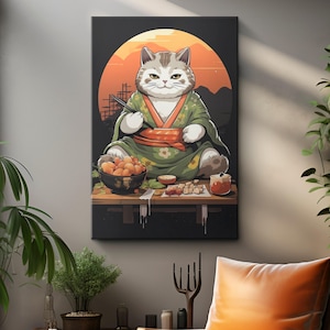 Japanese White Fat Cat Eating Sushi Canvas Art &quot;Zen Kitty Harmony&quot;| Playful Feline Canvas Art | Japan Cat Lover Gifts | Kitchen Wall Decor