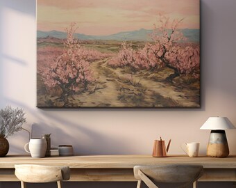 Vintage Pink Cherry Blossom Trees in Field Oil Painting Canvas Print "Cherry Blossom Dreams"| Pink Floral Sakura Wall Art| Japanese Wall Art