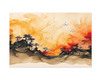 Watercolor Wall Art "Scarlet Silhouette" | Watercolor Art | Tree Of Life Wall Art | Tree Art | Japanese Tree Art | Large Tree Wall Art