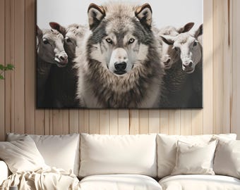 White Wolf Amongst The Sheep Animal Winter Photography Canvas Print "Winter Guardian"| White Wolf Wall Art | Wildlife Art| Animal Wall Decor